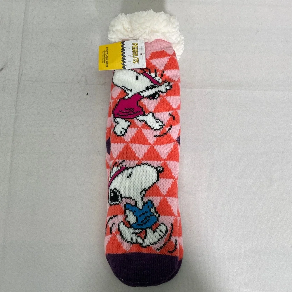 Peanuts Snoopy Sherpa Lined Orange Non-Slip Slipper Socks Women's One Size NWT